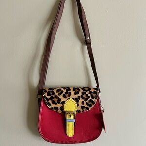 SORUKA Quinn Leather Crossbody Purse Animal Print Flap Yellow Red Messenger